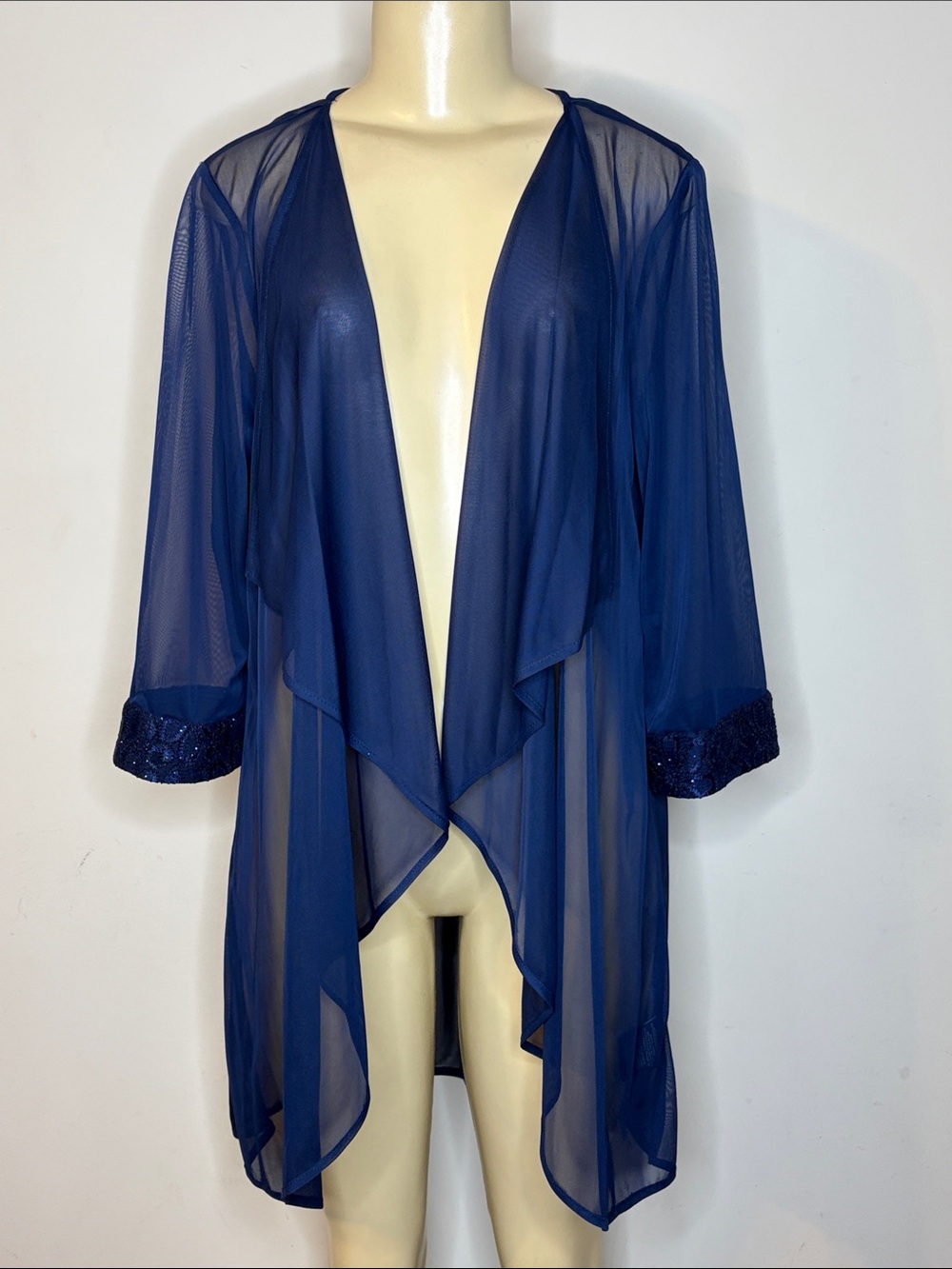 R&M Richars Sheer Navy Blue Draped Women Lightweight Cardigan Size 12